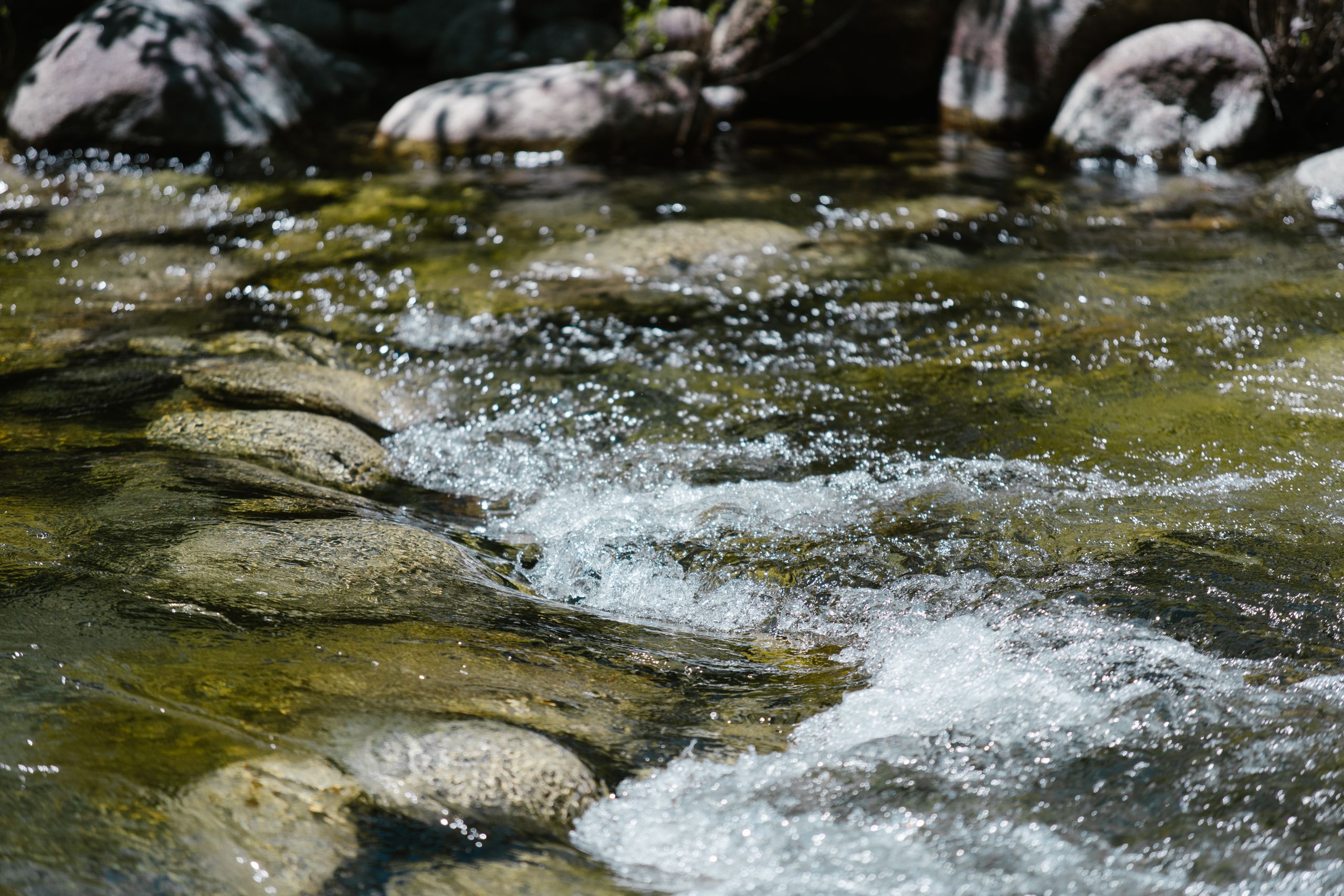 Close-up of a clear stream with sunlit rocks, emphasizing nature's calm and serenity.